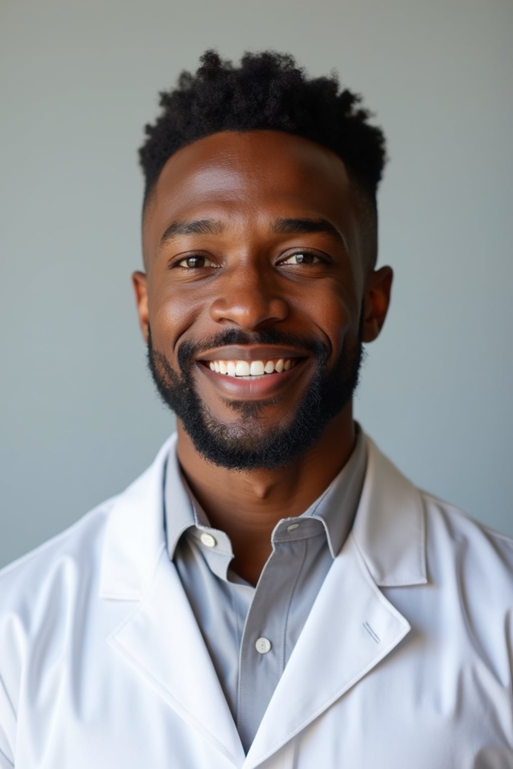 A professional doctor headshot of a confident man, taken in a well-lit studio with a plain backdrop. The man is dressed in  a neat, light-colored shirt with a professional expression. The lighting is soft and even, highlighting their facial features with a warm and authoritative expression. The focus is sharp, capturing the man's eyes and reassuring smile, creating a perfect headshot for medical practices and professional profiles.