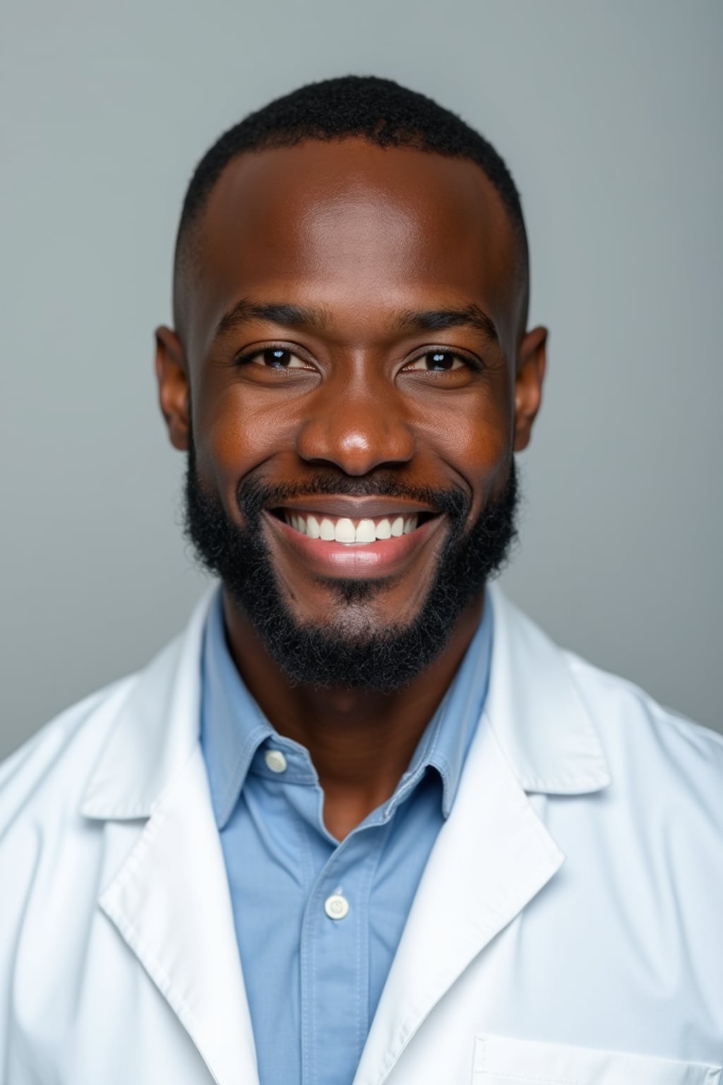 A professional doctor headshot of a confident man, taken in a well-lit studio with a plain backdrop. The man is dressed in  a neat, light-colored shirt with a professional expression. The lighting is soft and even, highlighting their facial features with a warm and authoritative expression. The focus is sharp, capturing the man's eyes and reassuring smile, creating a perfect headshot for medical practices and professional profiles.