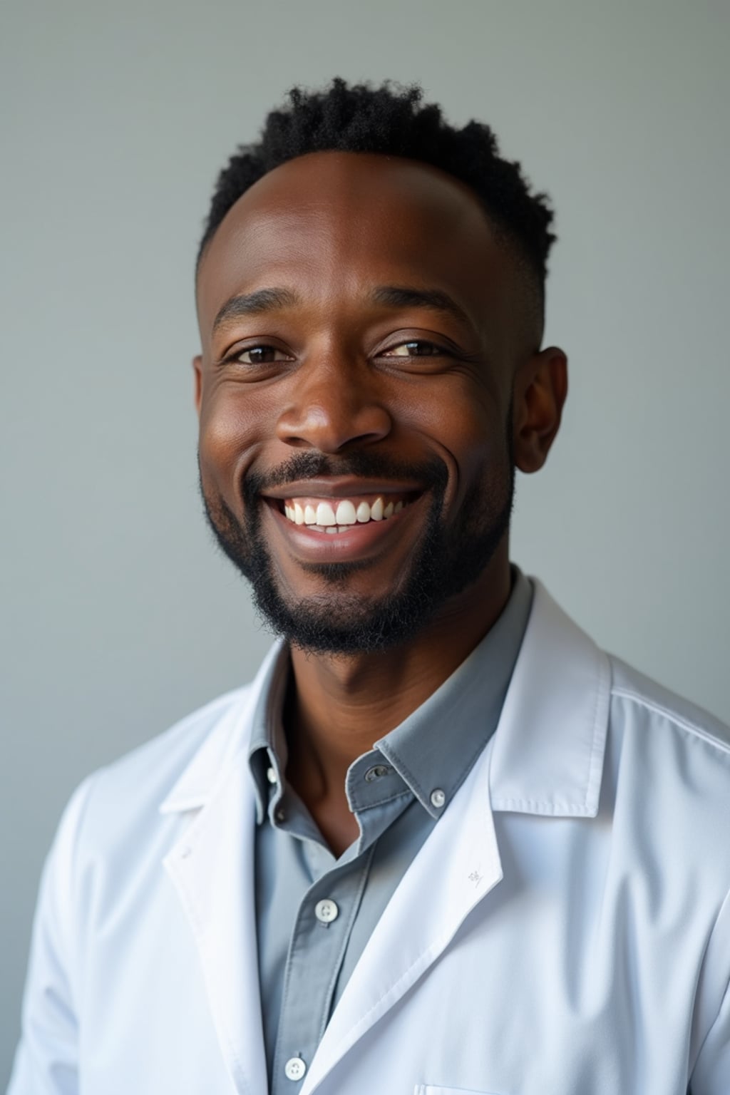 A professional doctor headshot of a confident man, taken in a well-lit studio with a plain backdrop. The man is dressed in  a neat, light-colored shirt with a professional expression. The lighting is soft and even, highlighting their facial features with a warm and authoritative expression. The focus is sharp, capturing the man's eyes and reassuring smile, creating a perfect headshot for medical practices and professional profiles.