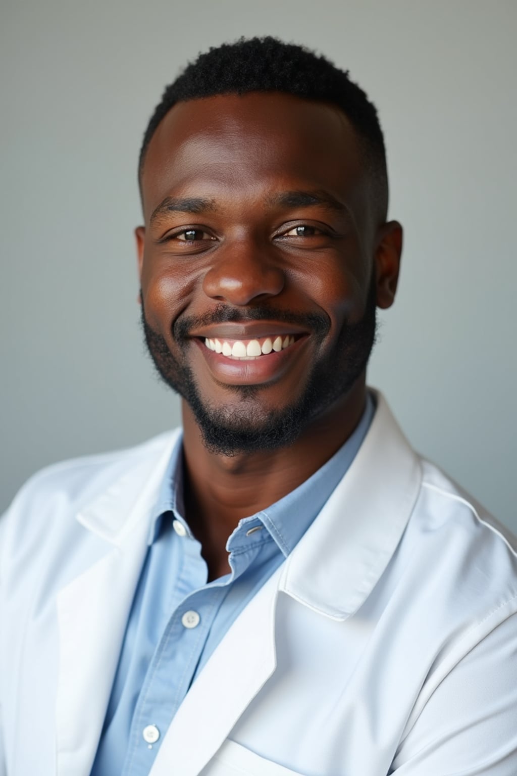 A professional doctor headshot of a confident man, taken in a well-lit studio with a plain backdrop. The man is dressed in  a neat, light-colored shirt with a professional expression. The lighting is soft and even, highlighting their facial features with a warm and authoritative expression. The focus is sharp, capturing the man's eyes and reassuring smile, creating a perfect headshot for medical practices and professional profiles.