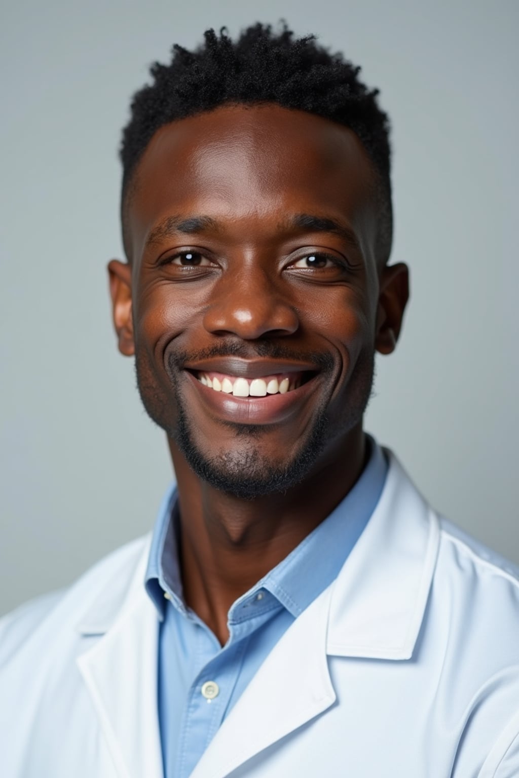 A professional doctor headshot of a confident man, taken in a well-lit studio with a plain backdrop. The man is dressed in  a neat, light-colored shirt with a professional expression. The lighting is soft and even, highlighting their facial features with a warm and authoritative expression. The focus is sharp, capturing the man's eyes and reassuring smile, creating a perfect headshot for medical practices and professional profiles.