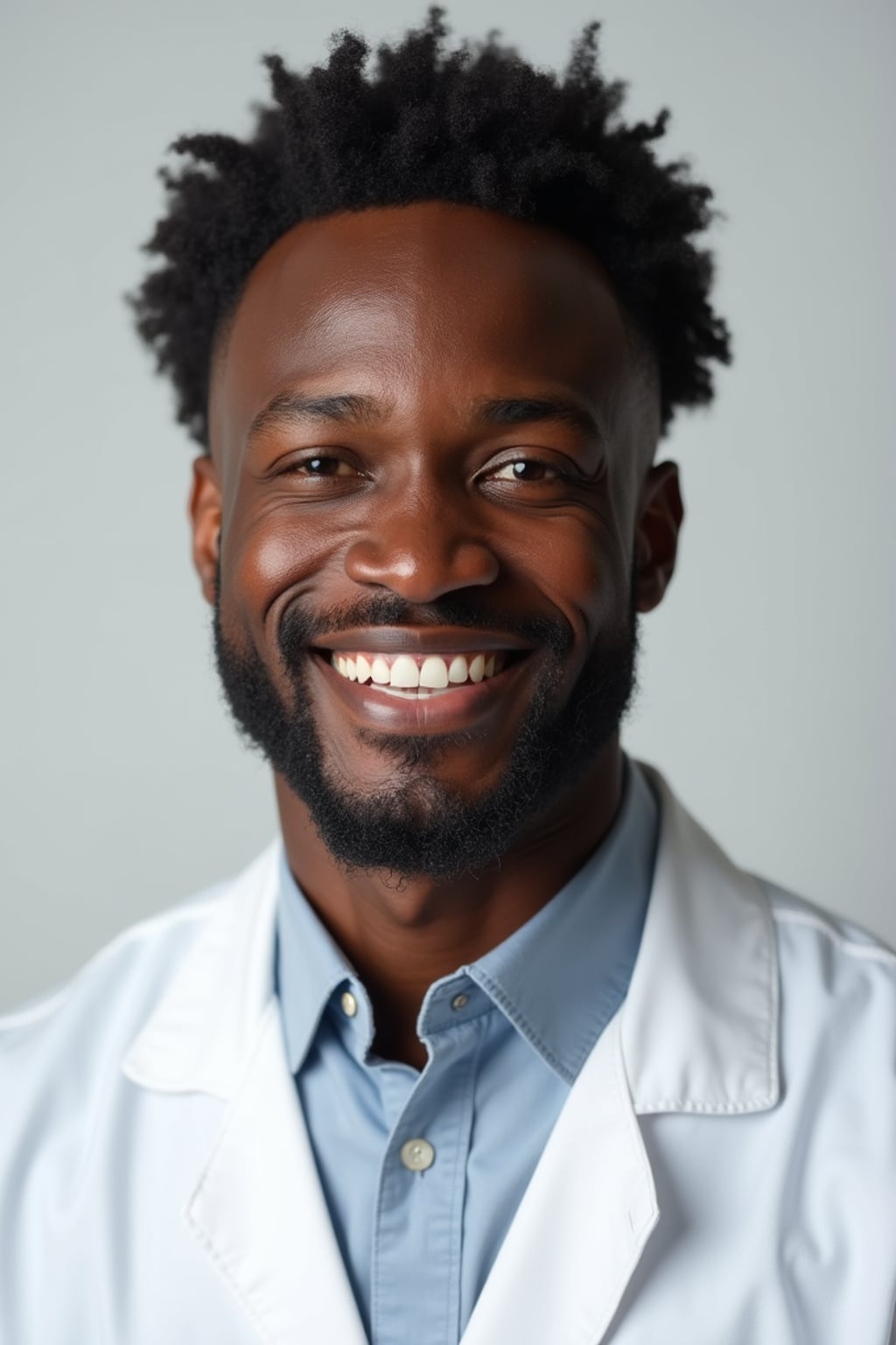 A professional doctor headshot of a confident man, taken in a well-lit studio with a plain backdrop. The man is dressed in  a neat, light-colored shirt with a professional expression. The lighting is soft and even, highlighting their facial features with a warm and authoritative expression. The focus is sharp, capturing the man's eyes and reassuring smile, creating a perfect headshot for medical practices and professional profiles.
