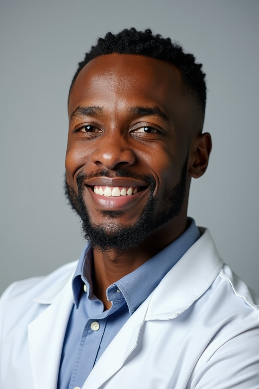 A professional doctor headshot of a confident man, taken in a well-lit studio with a plain backdrop. The man is dressed in  a neat, light-colored shirt with a professional expression. The lighting is soft and even, highlighting their facial features with a warm and authoritative expression. The focus is sharp, capturing the man's eyes and reassuring smile, creating a perfect headshot for medical practices and professional profiles.