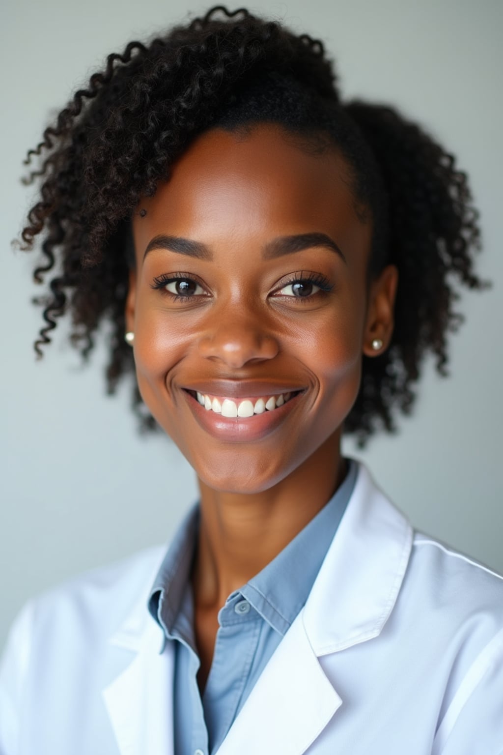 A professional doctor headshot of a confident woman, taken in a well-lit studio with a plain backdrop. The woman is dressed in a crisp, professional blouse with natural makeup and a confident smile . The lighting is soft and even, highlighting their facial features with a warm and authoritative expression. The focus is sharp, capturing the woman's eyes and reassuring smile, creating a perfect headshot for medical practices and professional profiles.