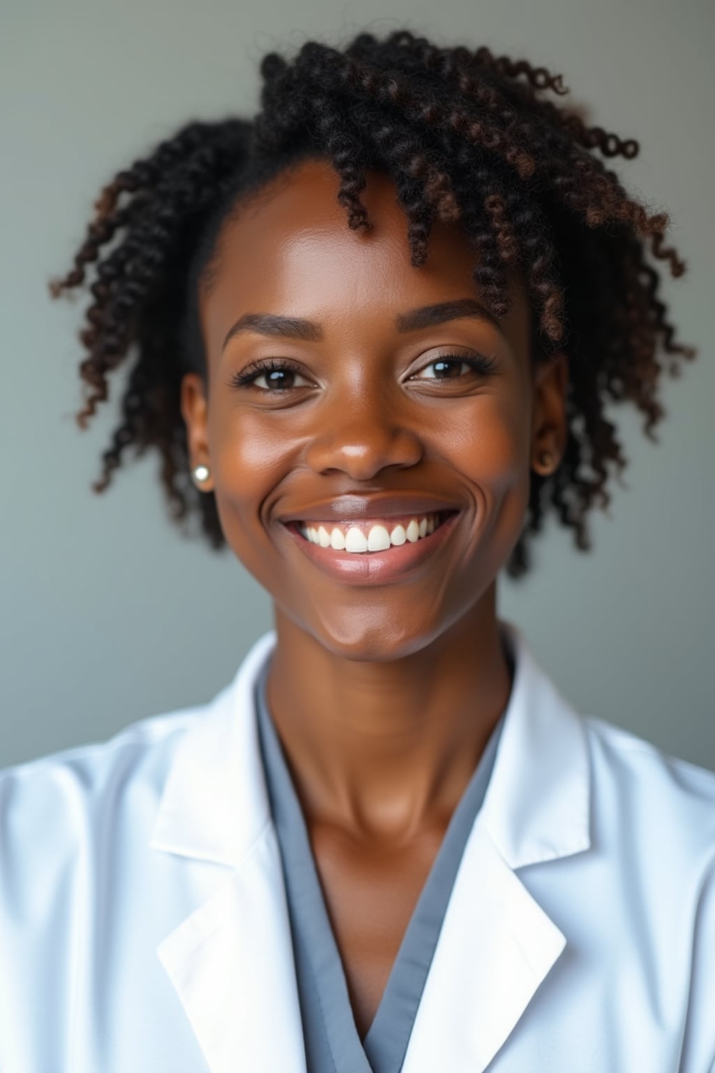 A professional doctor headshot of a confident woman, taken in a well-lit studio with a plain backdrop. The woman is dressed in a crisp, professional blouse with natural makeup and a confident smile . The lighting is soft and even, highlighting their facial features with a warm and authoritative expression. The focus is sharp, capturing the woman's eyes and reassuring smile, creating a perfect headshot for medical practices and professional profiles.