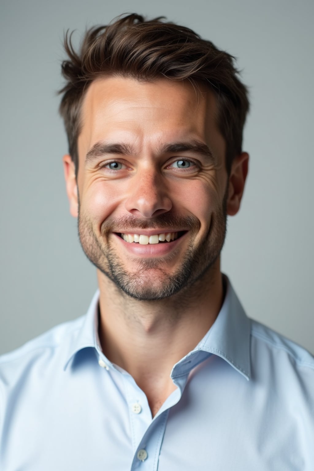 A professional doctor headshot of a confident man, taken in a well-lit studio with a plain backdrop. The man is dressed in  a neat, light-colored shirt with a professional expression. The lighting is soft and even, highlighting their facial features with a warm and authoritative expression. The focus is sharp, capturing the man's eyes and reassuring smile, creating a perfect headshot for medical practices and professional profiles.
