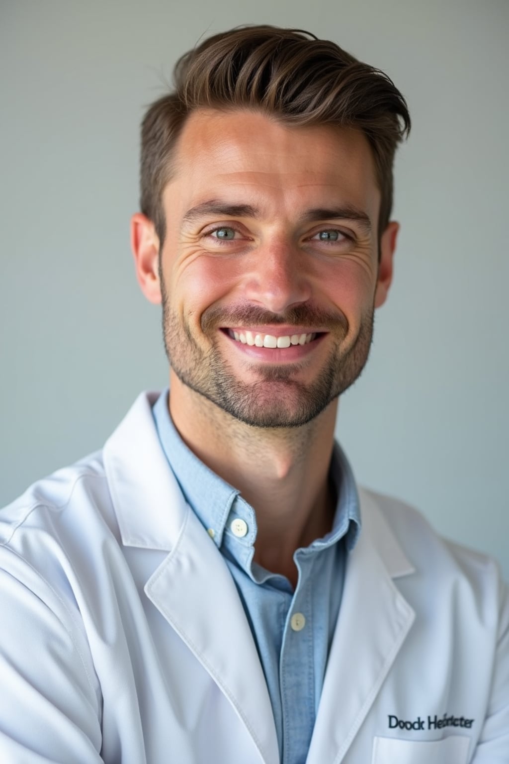 A professional doctor headshot of a confident man, taken in a well-lit studio with a plain backdrop. The man is dressed in  a neat, light-colored shirt with a professional expression. The lighting is soft and even, highlighting their facial features with a warm and authoritative expression. The focus is sharp, capturing the man's eyes and reassuring smile, creating a perfect headshot for medical practices and professional profiles.