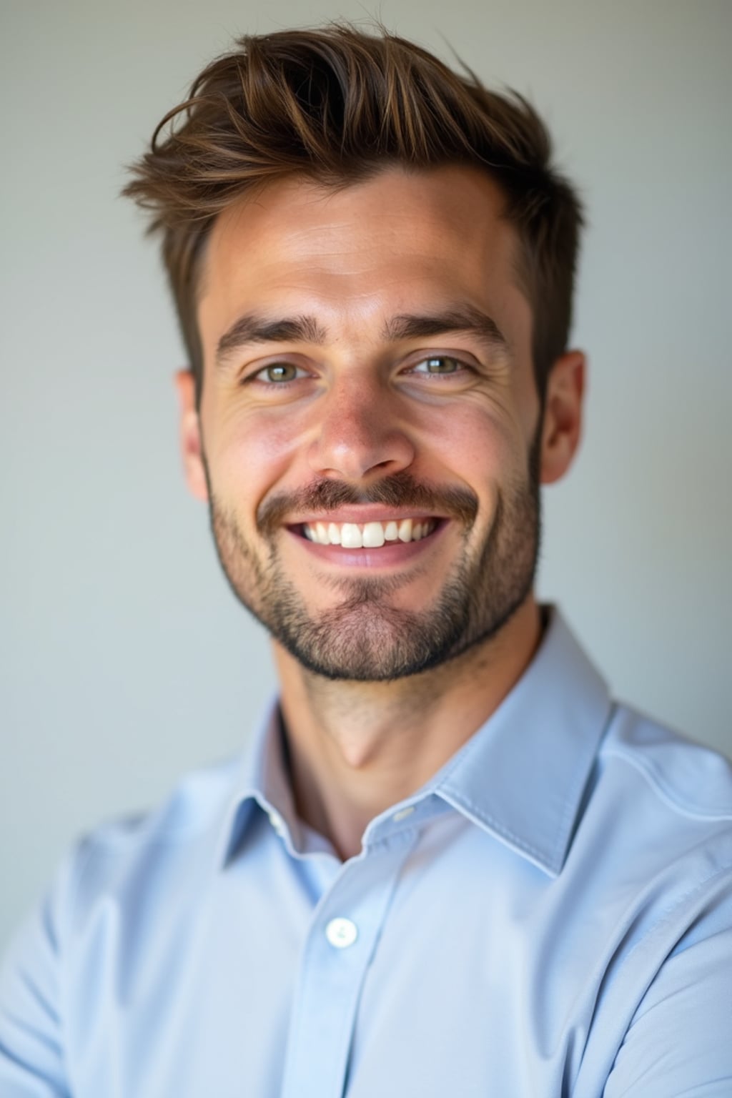 A professional doctor headshot of a confident man, taken in a well-lit studio with a plain backdrop. The man is dressed in  a neat, light-colored shirt with a professional expression. The lighting is soft and even, highlighting their facial features with a warm and authoritative expression. The focus is sharp, capturing the man's eyes and reassuring smile, creating a perfect headshot for medical practices and professional profiles.