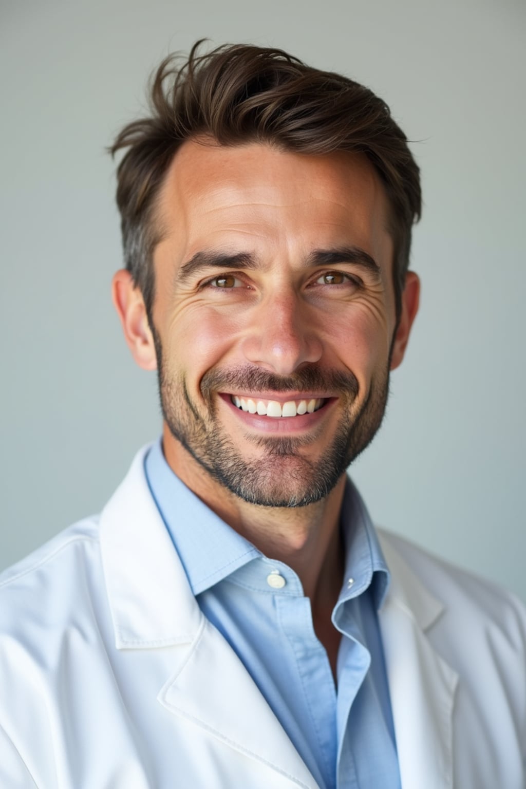 A professional doctor headshot of a confident man, taken in a well-lit studio with a plain backdrop. The man is dressed in  a neat, light-colored shirt with a professional expression. The lighting is soft and even, highlighting their facial features with a warm and authoritative expression. The focus is sharp, capturing the man's eyes and reassuring smile, creating a perfect headshot for medical practices and professional profiles.