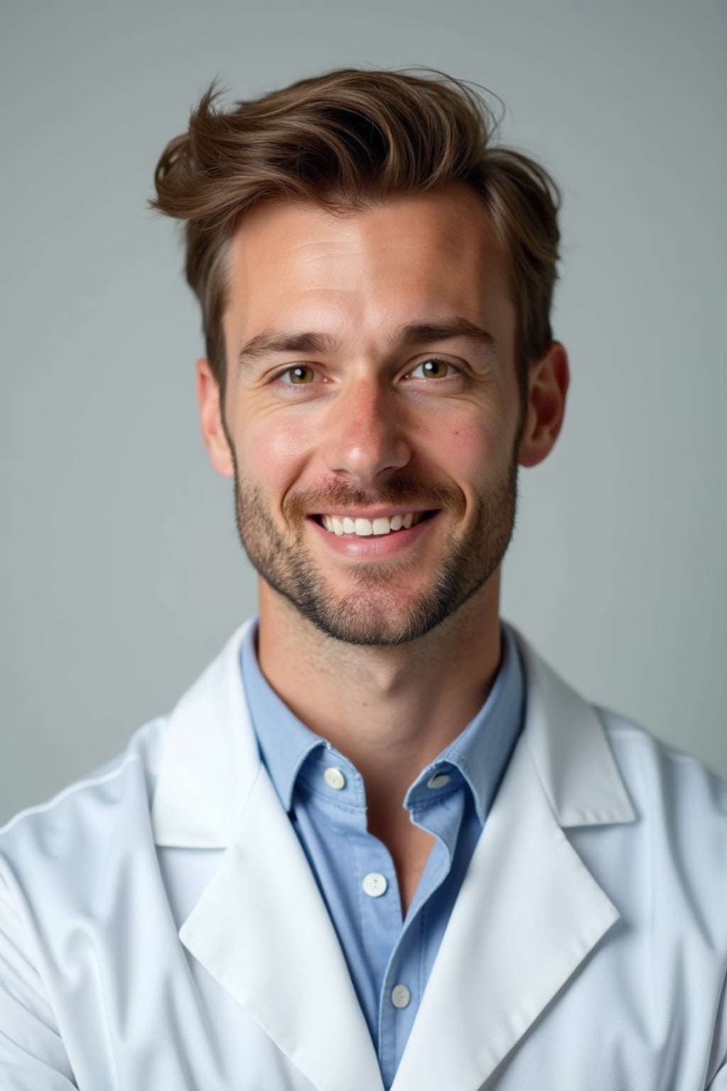 A professional doctor headshot of a confident man, taken in a well-lit studio with a plain backdrop. The man is dressed in  a neat, light-colored shirt with a professional expression. The lighting is soft and even, highlighting their facial features with a warm and authoritative expression. The focus is sharp, capturing the man's eyes and reassuring smile, creating a perfect headshot for medical practices and professional profiles.