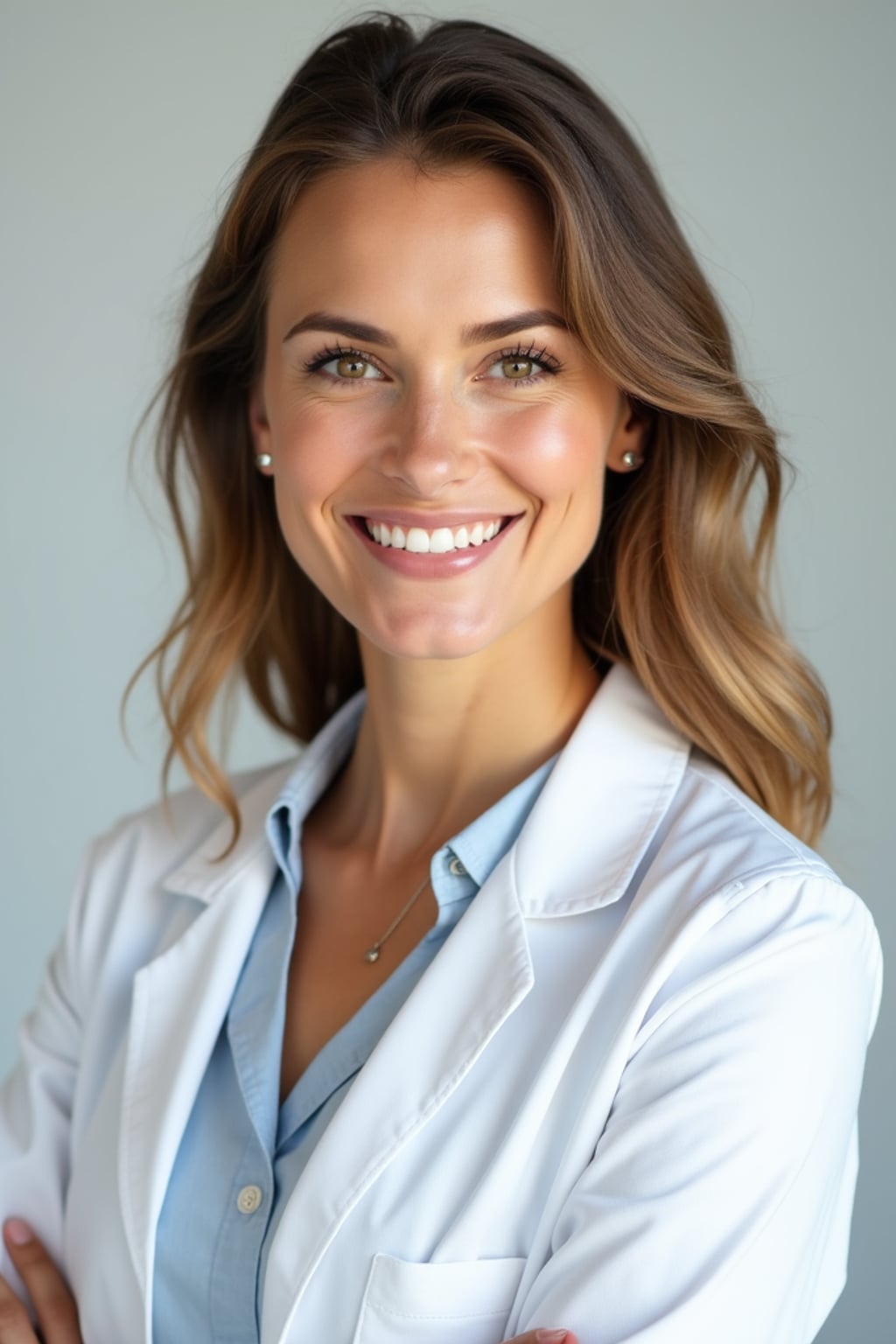 A professional doctor headshot of a confident woman, taken in a well-lit studio with a plain backdrop. The woman is dressed in a crisp, professional blouse with natural makeup and a confident smile . The lighting is soft and even, highlighting their facial features with a warm and authoritative expression. The focus is sharp, capturing the woman's eyes and reassuring smile, creating a perfect headshot for medical practices and professional profiles.