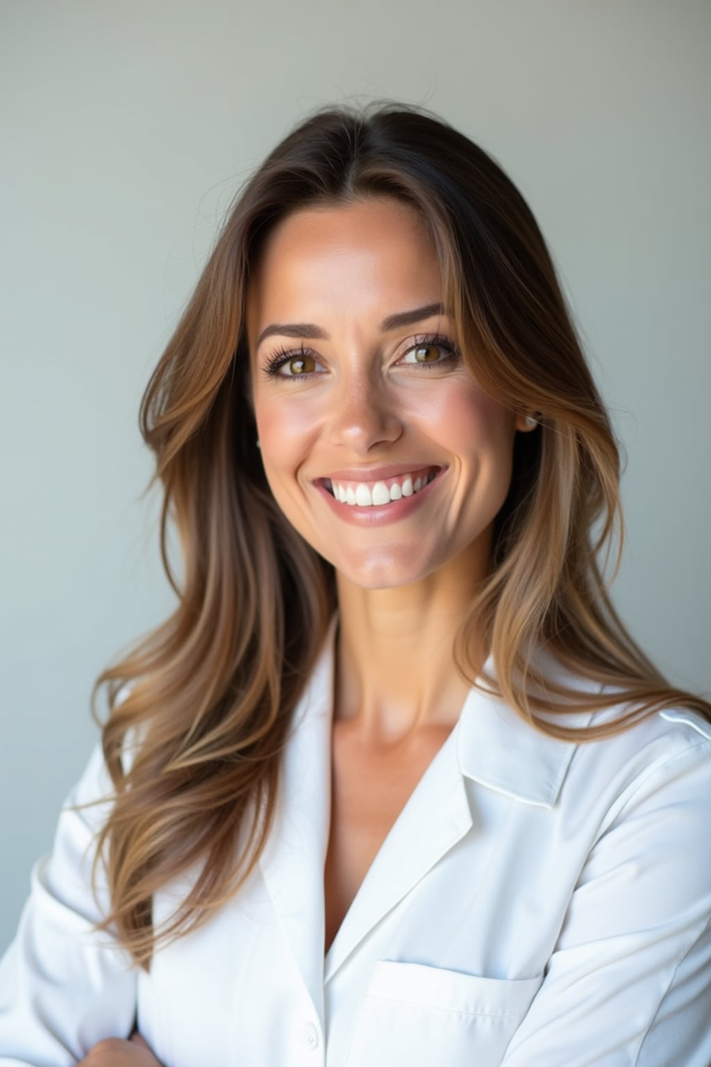 A professional doctor headshot of a confident woman, taken in a well-lit studio with a plain backdrop. The woman is dressed in a crisp, professional blouse with natural makeup and a confident smile . The lighting is soft and even, highlighting their facial features with a warm and authoritative expression. The focus is sharp, capturing the woman's eyes and reassuring smile, creating a perfect headshot for medical practices and professional profiles.