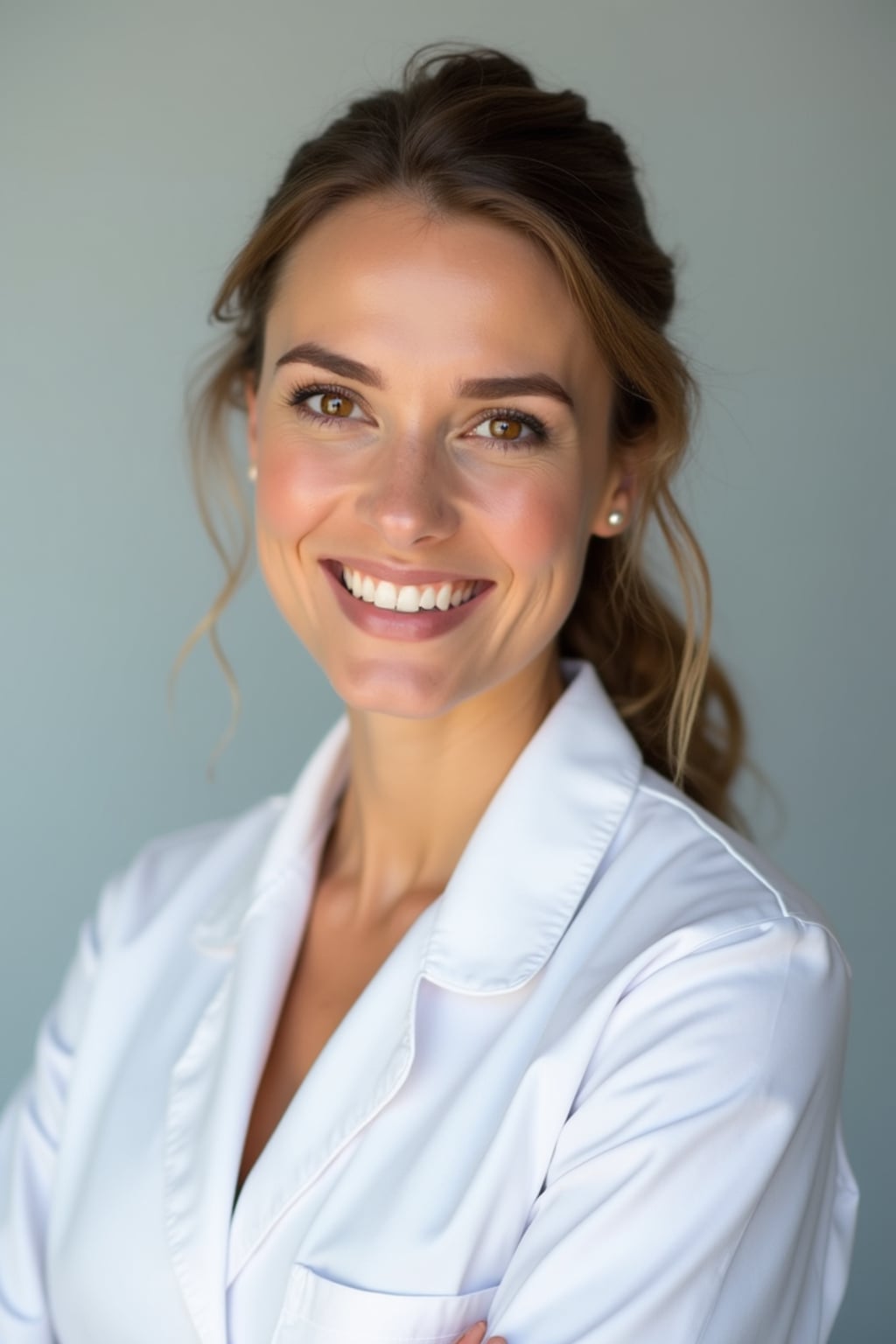 A professional doctor headshot of a confident woman, taken in a well-lit studio with a plain backdrop. The woman is dressed in a crisp, professional blouse with natural makeup and a confident smile . The lighting is soft and even, highlighting their facial features with a warm and authoritative expression. The focus is sharp, capturing the woman's eyes and reassuring smile, creating a perfect headshot for medical practices and professional profiles.
