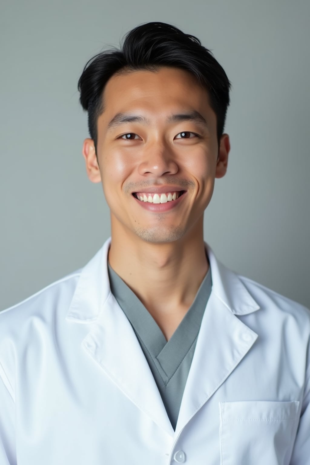 A professional doctor headshot of a confident man, taken in a well-lit studio with a plain backdrop. The man is dressed in  a neat, light-colored shirt with a professional expression. The lighting is soft and even, highlighting their facial features with a warm and authoritative expression. The focus is sharp, capturing the man's eyes and reassuring smile, creating a perfect headshot for medical practices and professional profiles.