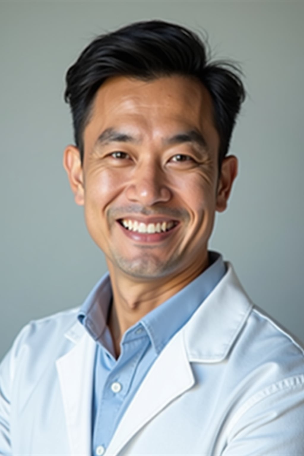 A professional doctor headshot of a confident man, taken in a well-lit studio with a plain backdrop. The man is dressed in  a neat, light-colored shirt with a professional expression. The lighting is soft and even, highlighting their facial features with a warm and authoritative expression. The focus is sharp, capturing the man's eyes and reassuring smile, creating a perfect headshot for medical practices and professional profiles.