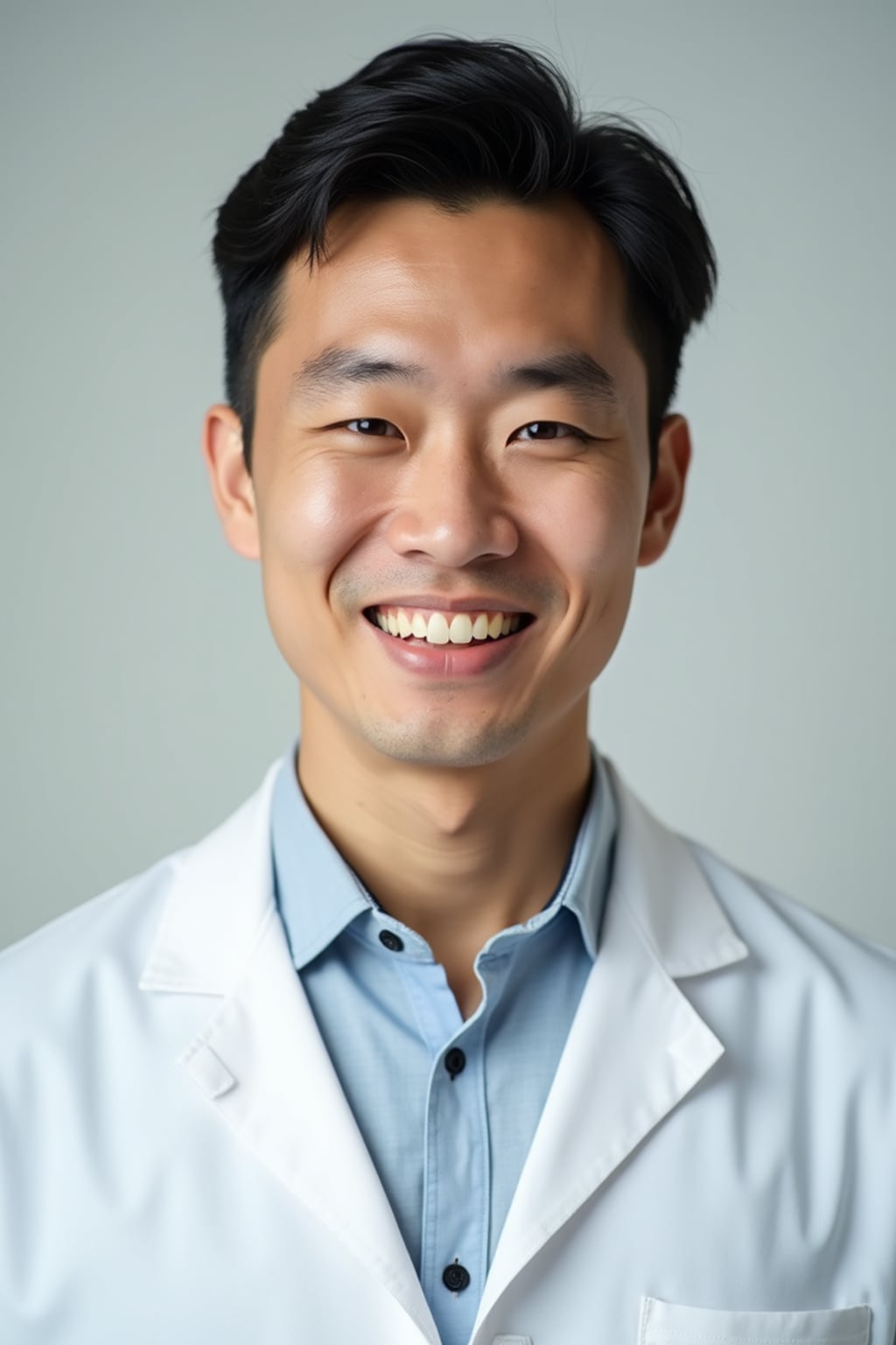 A professional doctor headshot of a confident man, taken in a well-lit studio with a plain backdrop. The man is dressed in  a neat, light-colored shirt with a professional expression. The lighting is soft and even, highlighting their facial features with a warm and authoritative expression. The focus is sharp, capturing the man's eyes and reassuring smile, creating a perfect headshot for medical practices and professional profiles.