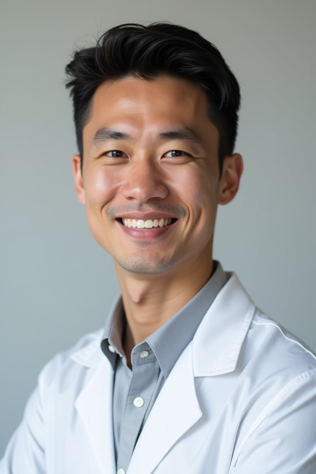 A professional doctor headshot of a confident man, taken in a well-lit studio with a plain backdrop. The man is dressed in  a neat, light-colored shirt with a professional expression. The lighting is soft and even, highlighting their facial features with a warm and authoritative expression. The focus is sharp, capturing the man's eyes and reassuring smile, creating a perfect headshot for medical practices and professional profiles.