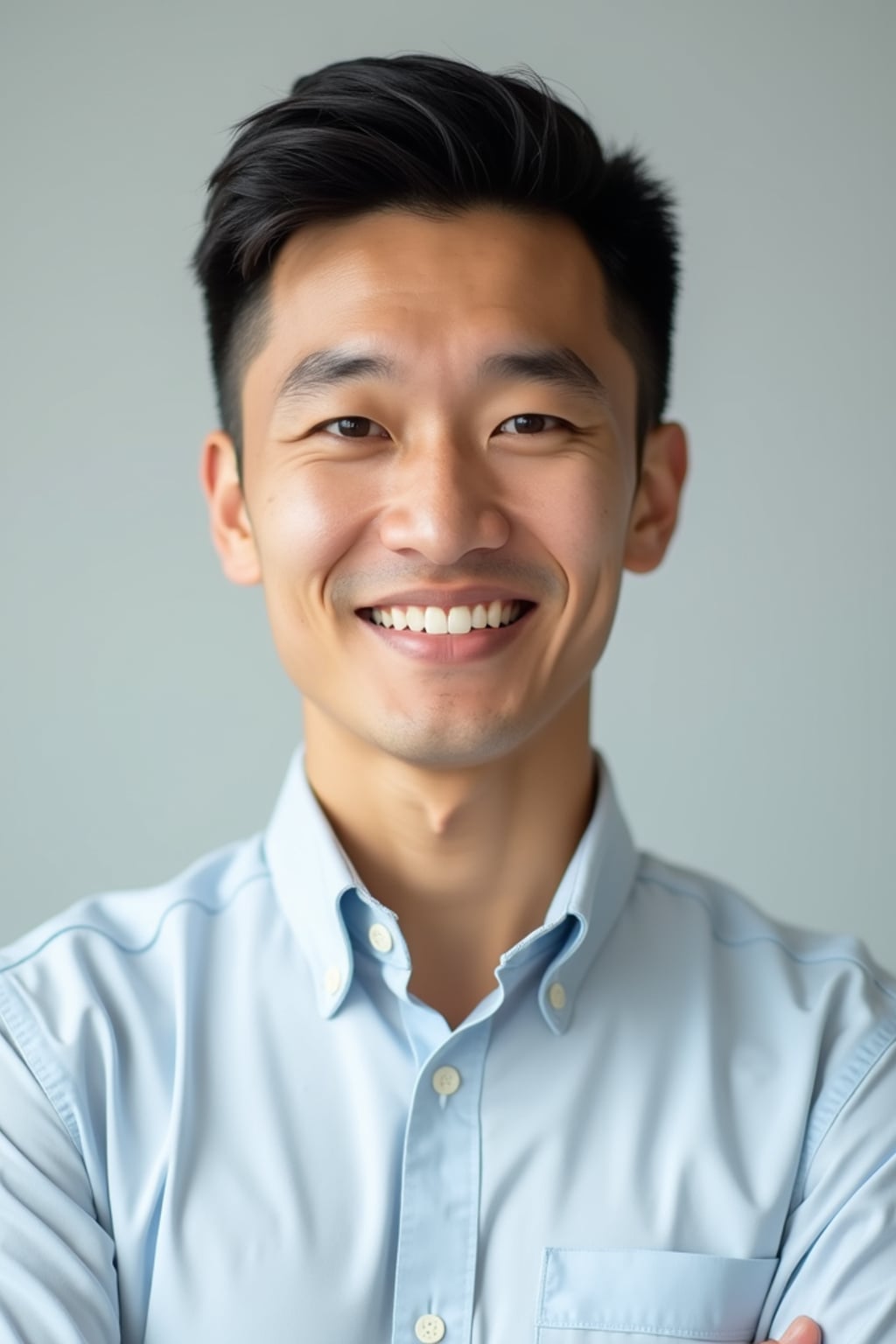 A professional doctor headshot of a confident man, taken in a well-lit studio with a plain backdrop. The man is dressed in  a neat, light-colored shirt with a professional expression. The lighting is soft and even, highlighting their facial features with a warm and authoritative expression. The focus is sharp, capturing the man's eyes and reassuring smile, creating a perfect headshot for medical practices and professional profiles.