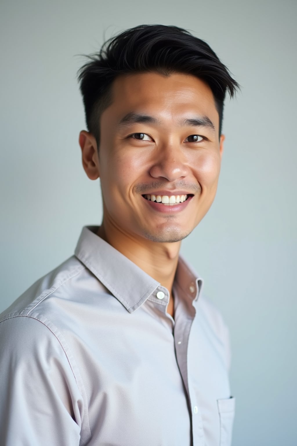 A professional doctor headshot of a confident man, taken in a well-lit studio with a plain backdrop. The man is dressed in  a neat, light-colored shirt with a professional expression. The lighting is soft and even, highlighting their facial features with a warm and authoritative expression. The focus is sharp, capturing the man's eyes and reassuring smile, creating a perfect headshot for medical practices and professional profiles.