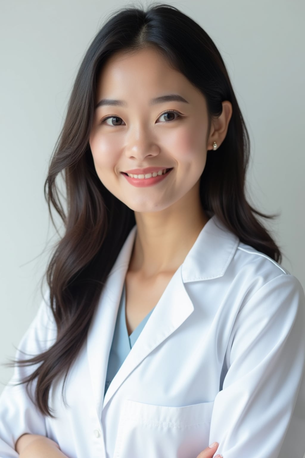 A professional doctor headshot of a confident woman, taken in a well-lit studio with a plain backdrop. The woman is dressed in a crisp, professional blouse with natural makeup and a confident smile . The lighting is soft and even, highlighting their facial features with a warm and authoritative expression. The focus is sharp, capturing the woman's eyes and reassuring smile, creating a perfect headshot for medical practices and professional profiles.
