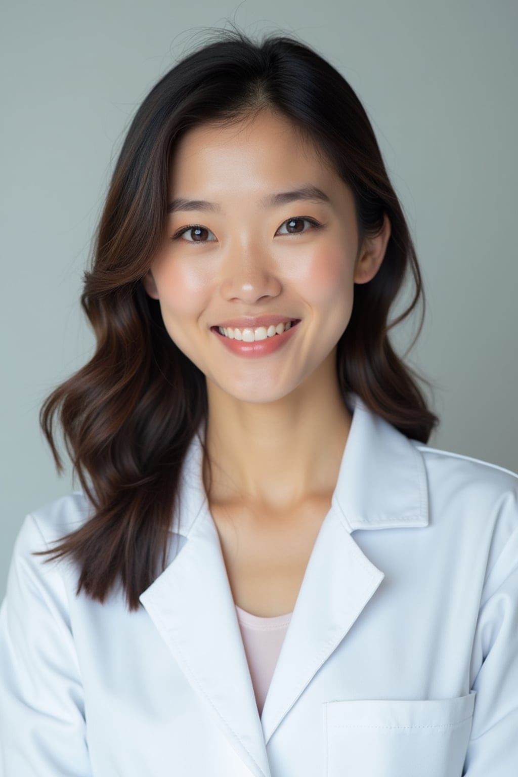 A professional doctor headshot of a confident woman, taken in a well-lit studio with a plain backdrop. The woman is dressed in a crisp, professional blouse with natural makeup and a confident smile . The lighting is soft and even, highlighting their facial features with a warm and authoritative expression. The focus is sharp, capturing the woman's eyes and reassuring smile, creating a perfect headshot for medical practices and professional profiles.