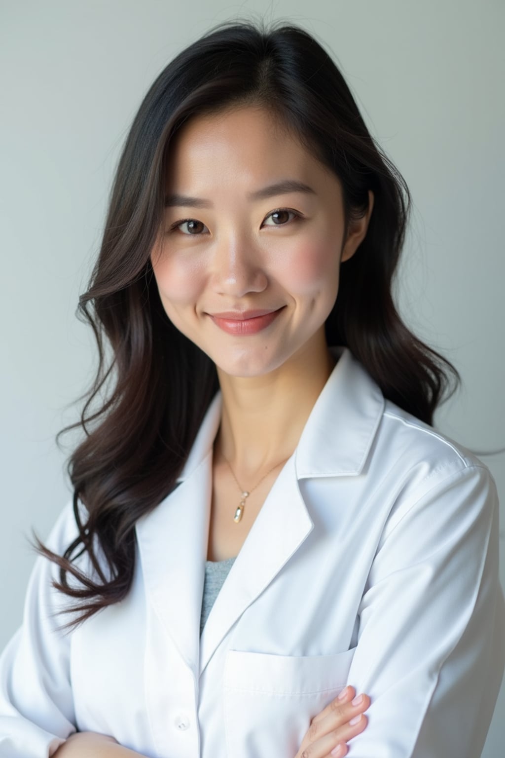 A professional doctor headshot of a confident woman, taken in a well-lit studio with a plain backdrop. The woman is dressed in a crisp, professional blouse with natural makeup and a confident smile . The lighting is soft and even, highlighting their facial features with a warm and authoritative expression. The focus is sharp, capturing the woman's eyes and reassuring smile, creating a perfect headshot for medical practices and professional profiles.