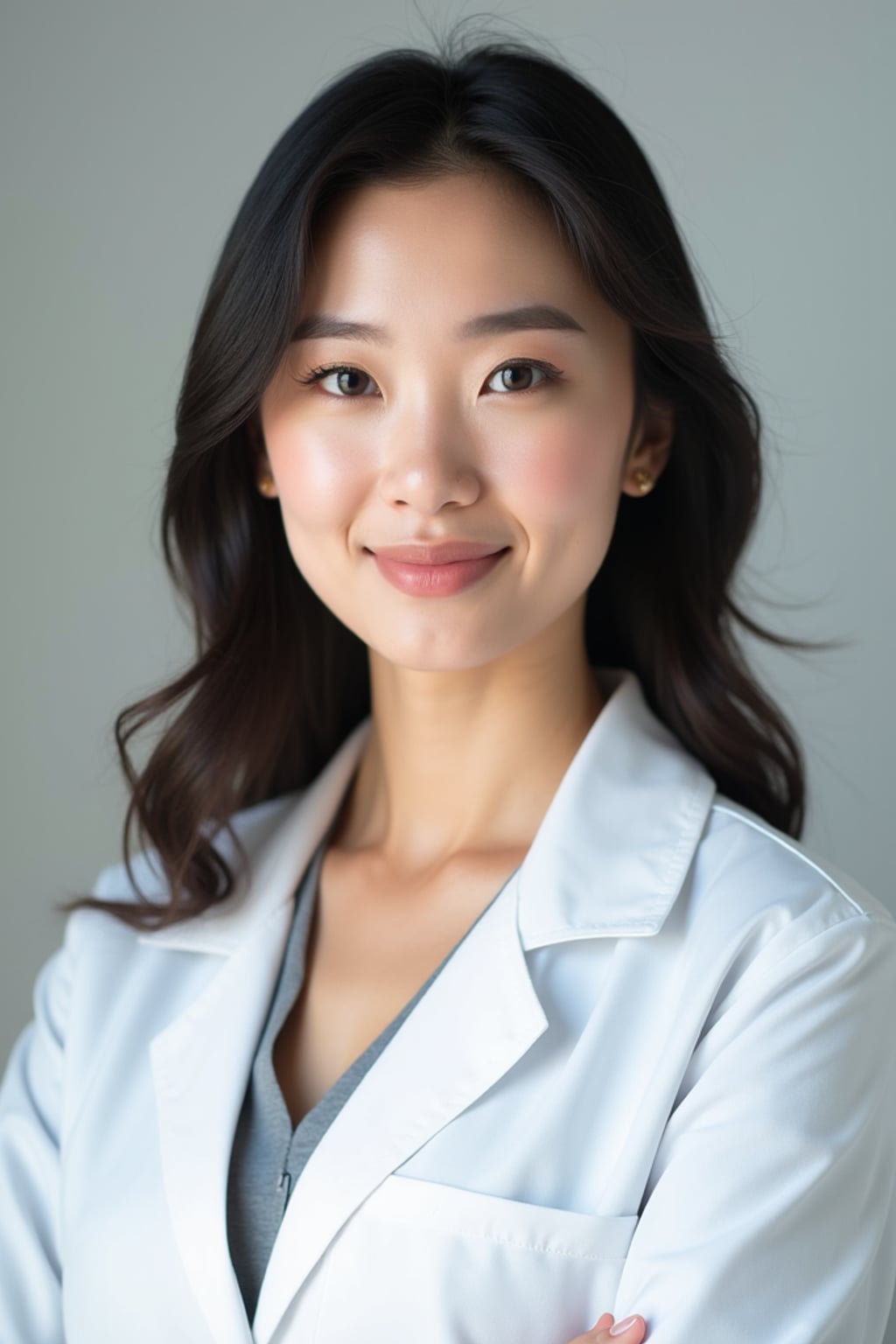 A professional doctor headshot of a confident woman, taken in a well-lit studio with a plain backdrop. The woman is dressed in a crisp, professional blouse with natural makeup and a confident smile . The lighting is soft and even, highlighting their facial features with a warm and authoritative expression. The focus is sharp, capturing the woman's eyes and reassuring smile, creating a perfect headshot for medical practices and professional profiles.