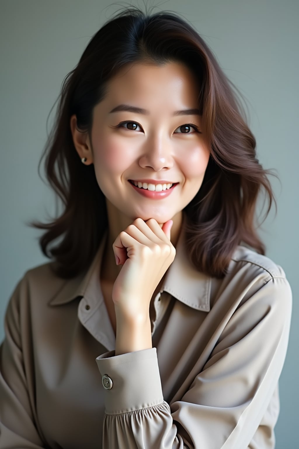 A professional author headshot of a thoughtful woman, taken in a well-lit studio with a plain backdrop. The woman is dressed in a stylish, professional blouse with natural makeup and a contemplative smile . The lighting is soft and even, highlighting their facial features with a warm and intellectual expression. The focus is sharp, capturing the woman's eyes and thoughtful smile, creating a perfect headshot for book covers and professional profiles.