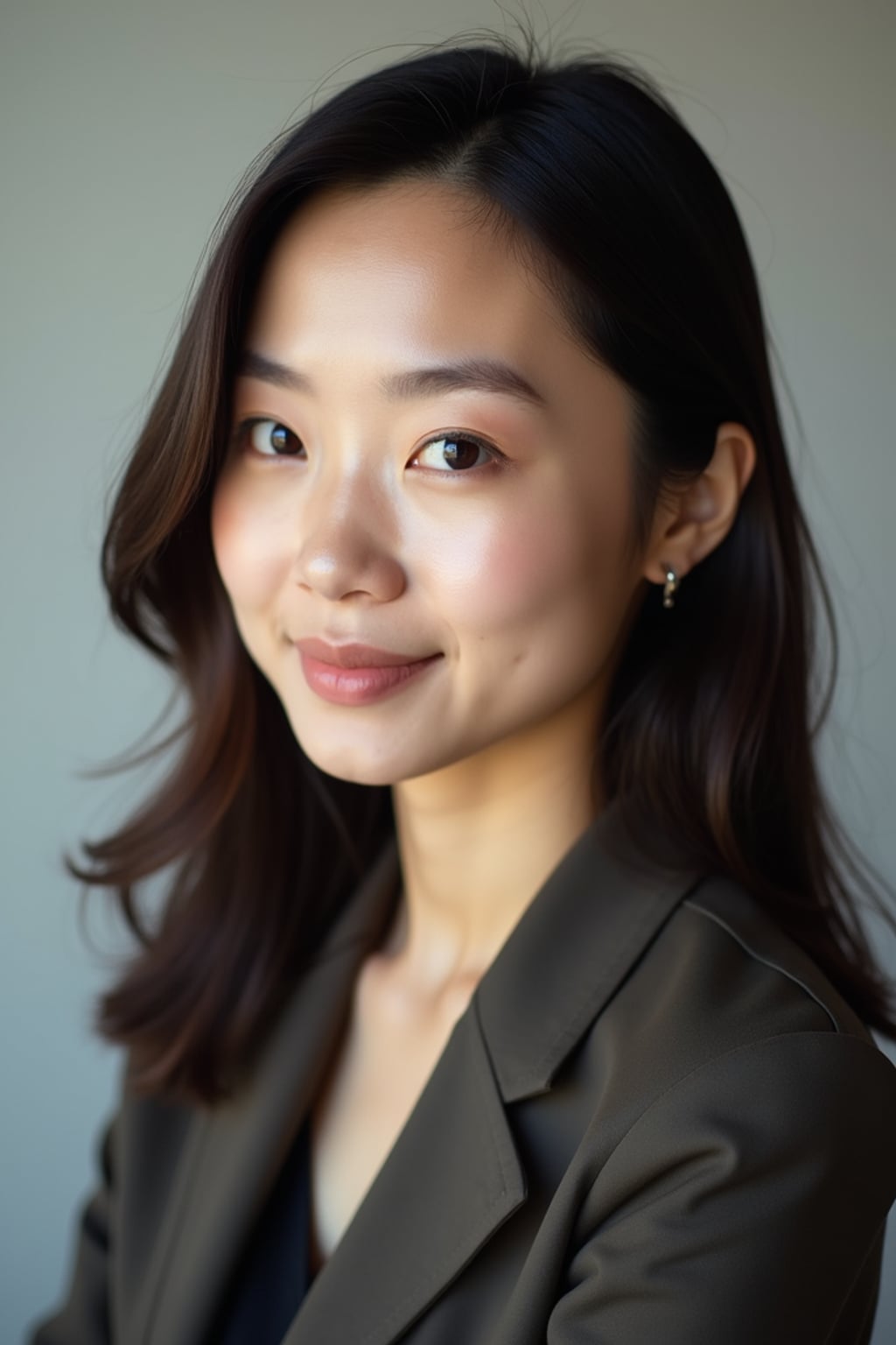A professional author headshot of a thoughtful woman, taken in a well-lit studio with a plain backdrop. The woman is dressed in a stylish, professional blouse with natural makeup and a contemplative smile . The lighting is soft and even, highlighting their facial features with a warm and intellectual expression. The focus is sharp, capturing the woman's eyes and thoughtful smile, creating a perfect headshot for book covers and professional profiles.