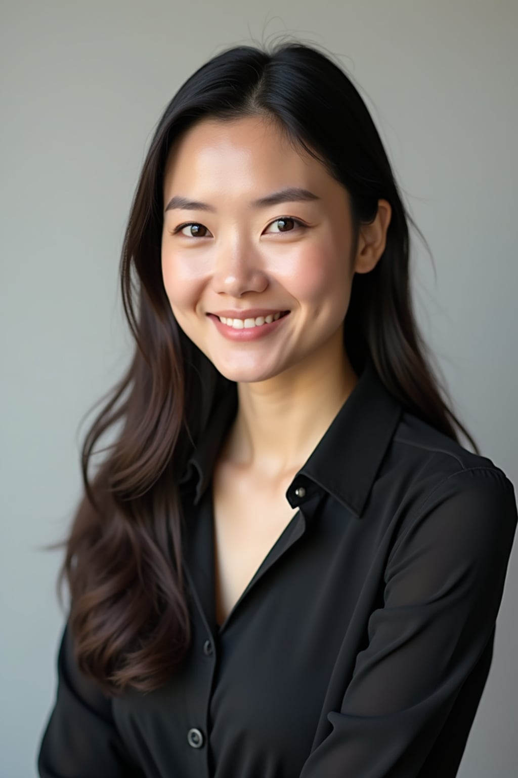 A professional author headshot of a thoughtful woman, taken in a well-lit studio with a plain backdrop. The woman is dressed in a stylish, professional blouse with natural makeup and a contemplative smile . The lighting is soft and even, highlighting their facial features with a warm and intellectual expression. The focus is sharp, capturing the woman's eyes and thoughtful smile, creating a perfect headshot for book covers and professional profiles.