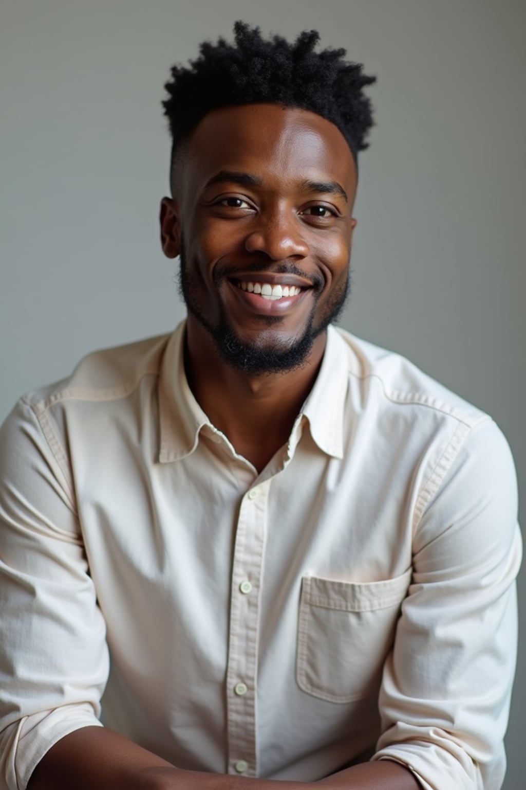 A professional author headshot of a thoughtful man, taken in a well-lit studio with a plain backdrop. The man is dressed in  a neat, light-colored shirt with a reflective expression. The lighting is soft and even, highlighting their facial features with a warm and intellectual expression. The focus is sharp, capturing the man's eyes and thoughtful smile, creating a perfect headshot for book covers and professional profiles.