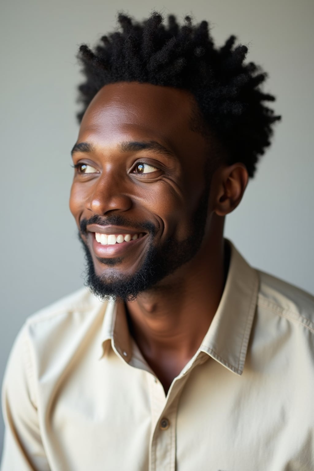 A professional author headshot of a thoughtful man, taken in a well-lit studio with a plain backdrop. The man is dressed in  a neat, light-colored shirt with a reflective expression. The lighting is soft and even, highlighting their facial features with a warm and intellectual expression. The focus is sharp, capturing the man's eyes and thoughtful smile, creating a perfect headshot for book covers and professional profiles.