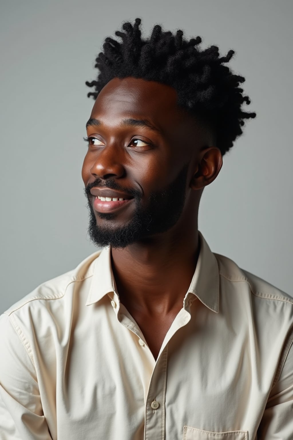 A professional author headshot of a thoughtful man, taken in a well-lit studio with a plain backdrop. The man is dressed in  a neat, light-colored shirt with a reflective expression. The lighting is soft and even, highlighting their facial features with a warm and intellectual expression. The focus is sharp, capturing the man's eyes and thoughtful smile, creating a perfect headshot for book covers and professional profiles.