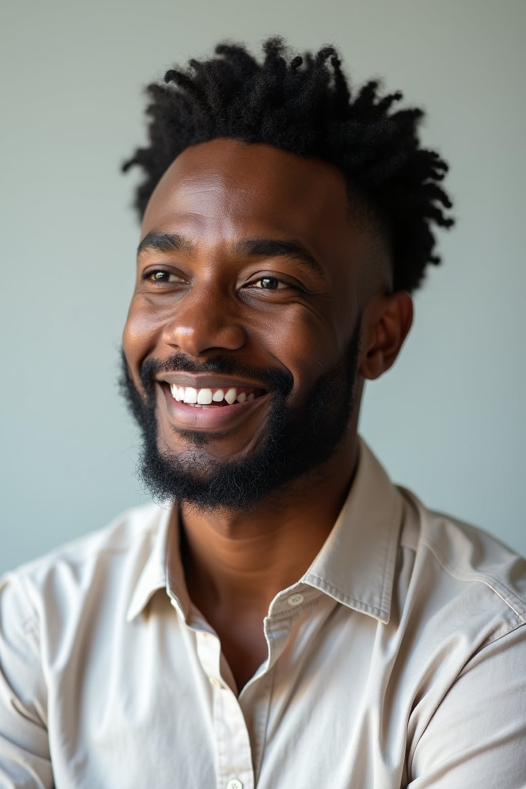 A professional author headshot of a thoughtful man, taken in a well-lit studio with a plain backdrop. The man is dressed in  a neat, light-colored shirt with a reflective expression. The lighting is soft and even, highlighting their facial features with a warm and intellectual expression. The focus is sharp, capturing the man's eyes and thoughtful smile, creating a perfect headshot for book covers and professional profiles.