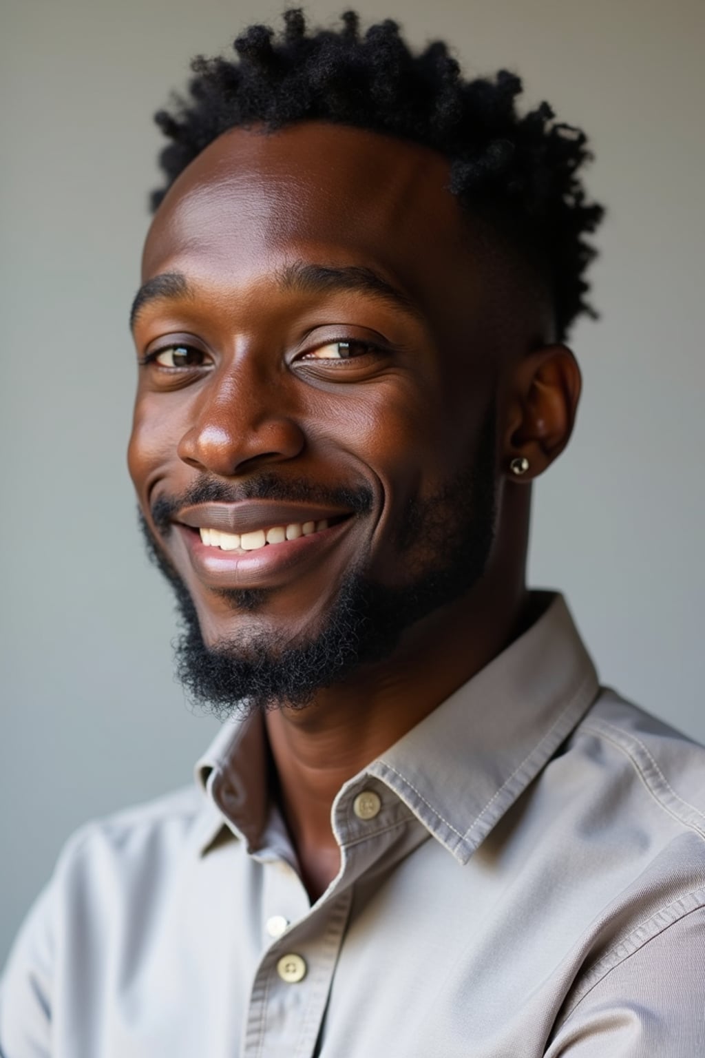 A professional author headshot of a thoughtful man, taken in a well-lit studio with a plain backdrop. The man is dressed in  a neat, light-colored shirt with a reflective expression. The lighting is soft and even, highlighting their facial features with a warm and intellectual expression. The focus is sharp, capturing the man's eyes and thoughtful smile, creating a perfect headshot for book covers and professional profiles.