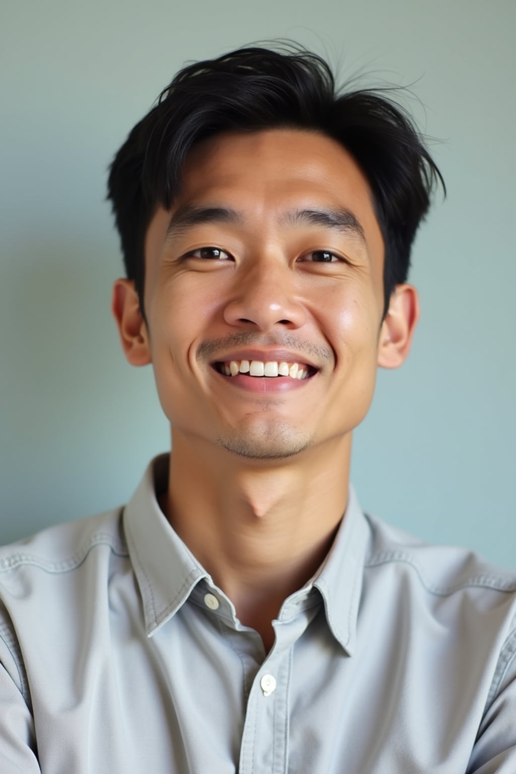 A professional author headshot of a thoughtful man, taken in a well-lit studio with a plain backdrop. The man is dressed in  a neat, light-colored shirt with a reflective expression. The lighting is soft and even, highlighting their facial features with a warm and intellectual expression. The focus is sharp, capturing the man's eyes and thoughtful smile, creating a perfect headshot for book covers and professional profiles.