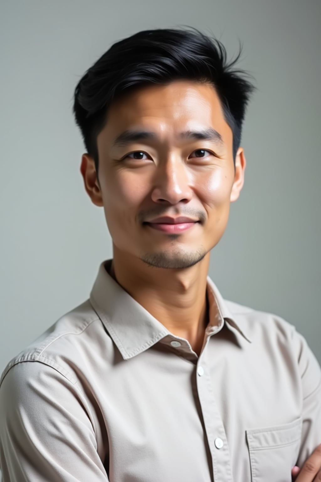 A professional author headshot of a thoughtful man, taken in a well-lit studio with a plain backdrop. The man is dressed in  a neat, light-colored shirt with a reflective expression. The lighting is soft and even, highlighting their facial features with a warm and intellectual expression. The focus is sharp, capturing the man's eyes and thoughtful smile, creating a perfect headshot for book covers and professional profiles.