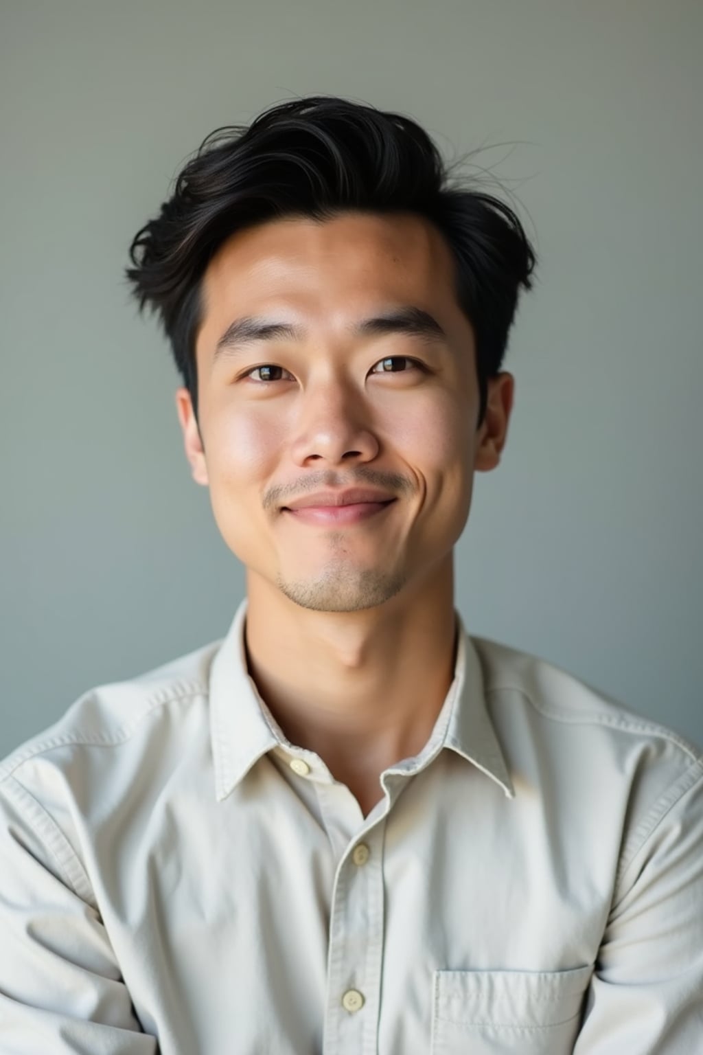 A professional author headshot of a thoughtful man, taken in a well-lit studio with a plain backdrop. The man is dressed in  a neat, light-colored shirt with a reflective expression. The lighting is soft and even, highlighting their facial features with a warm and intellectual expression. The focus is sharp, capturing the man's eyes and thoughtful smile, creating a perfect headshot for book covers and professional profiles.