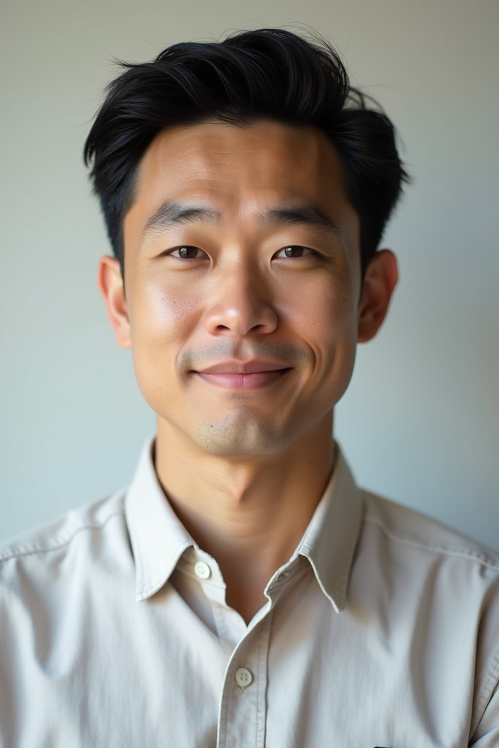 A professional author headshot of a thoughtful man, taken in a well-lit studio with a plain backdrop. The man is dressed in  a neat, light-colored shirt with a reflective expression. The lighting is soft and even, highlighting their facial features with a warm and intellectual expression. The focus is sharp, capturing the man's eyes and thoughtful smile, creating a perfect headshot for book covers and professional profiles.