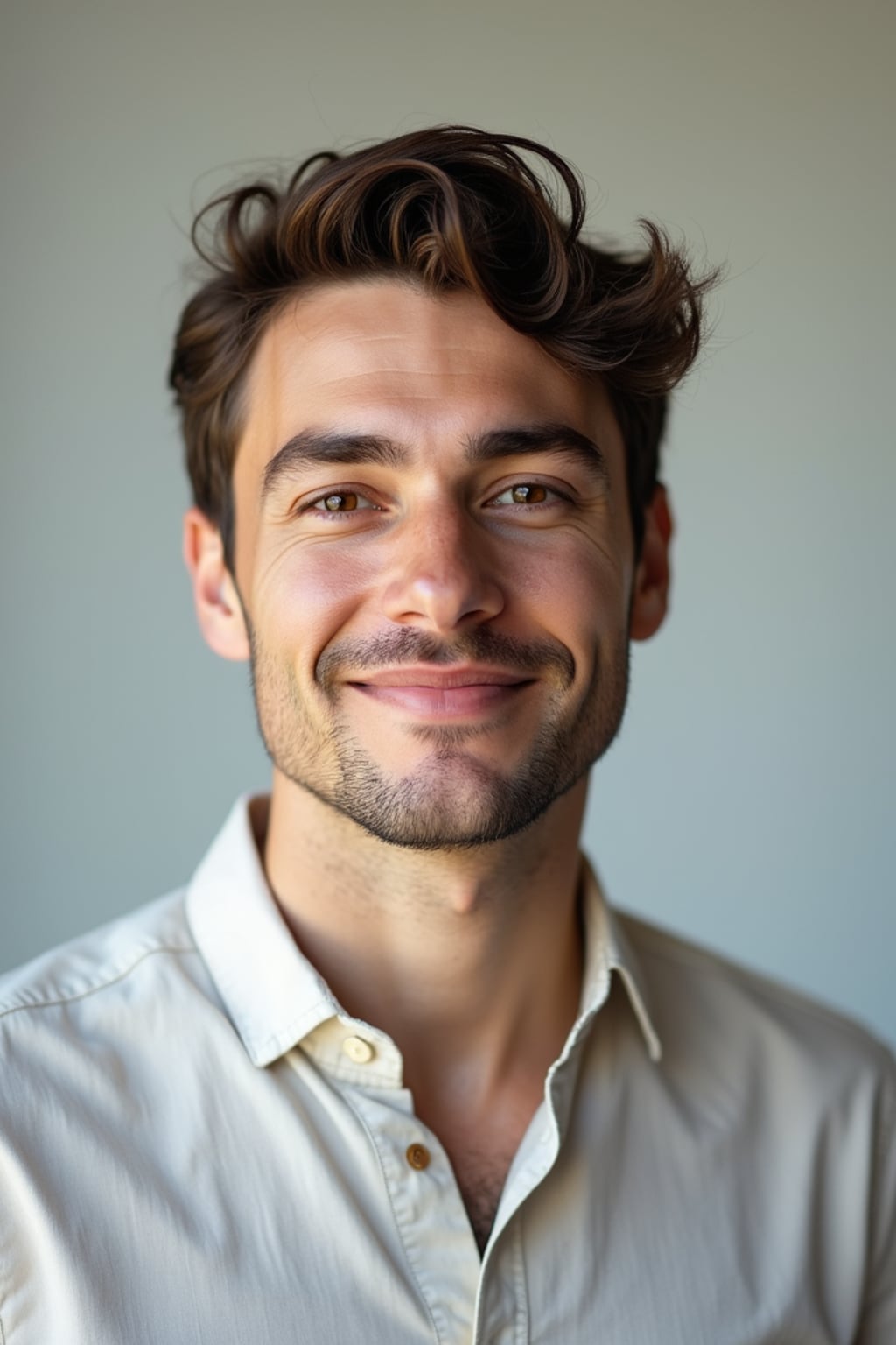 A professional author headshot of a thoughtful man, taken in a well-lit studio with a plain backdrop. The man is dressed in  a neat, light-colored shirt with a reflective expression. The lighting is soft and even, highlighting their facial features with a warm and intellectual expression. The focus is sharp, capturing the man's eyes and thoughtful smile, creating a perfect headshot for book covers and professional profiles.