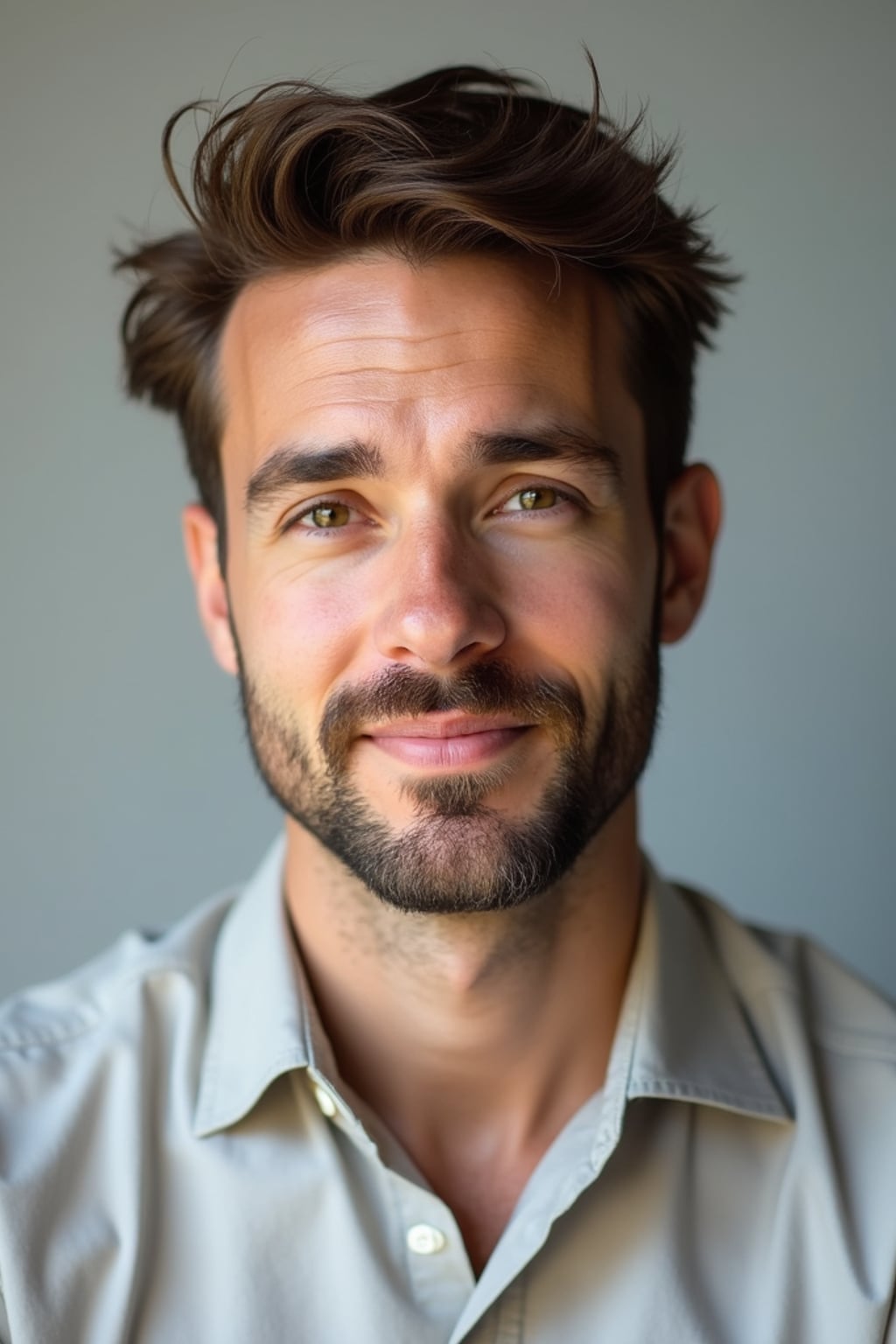 A professional author headshot of a thoughtful man, taken in a well-lit studio with a plain backdrop. The man is dressed in  a neat, light-colored shirt with a reflective expression. The lighting is soft and even, highlighting their facial features with a warm and intellectual expression. The focus is sharp, capturing the man's eyes and thoughtful smile, creating a perfect headshot for book covers and professional profiles.