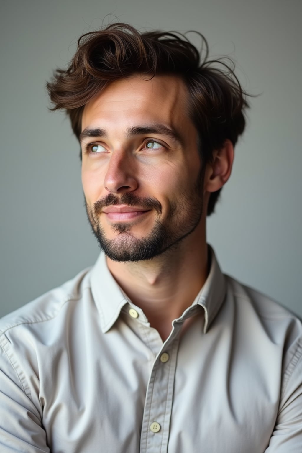 A professional author headshot of a thoughtful man, taken in a well-lit studio with a plain backdrop. The man is dressed in  a neat, light-colored shirt with a reflective expression. The lighting is soft and even, highlighting their facial features with a warm and intellectual expression. The focus is sharp, capturing the man's eyes and thoughtful smile, creating a perfect headshot for book covers and professional profiles.