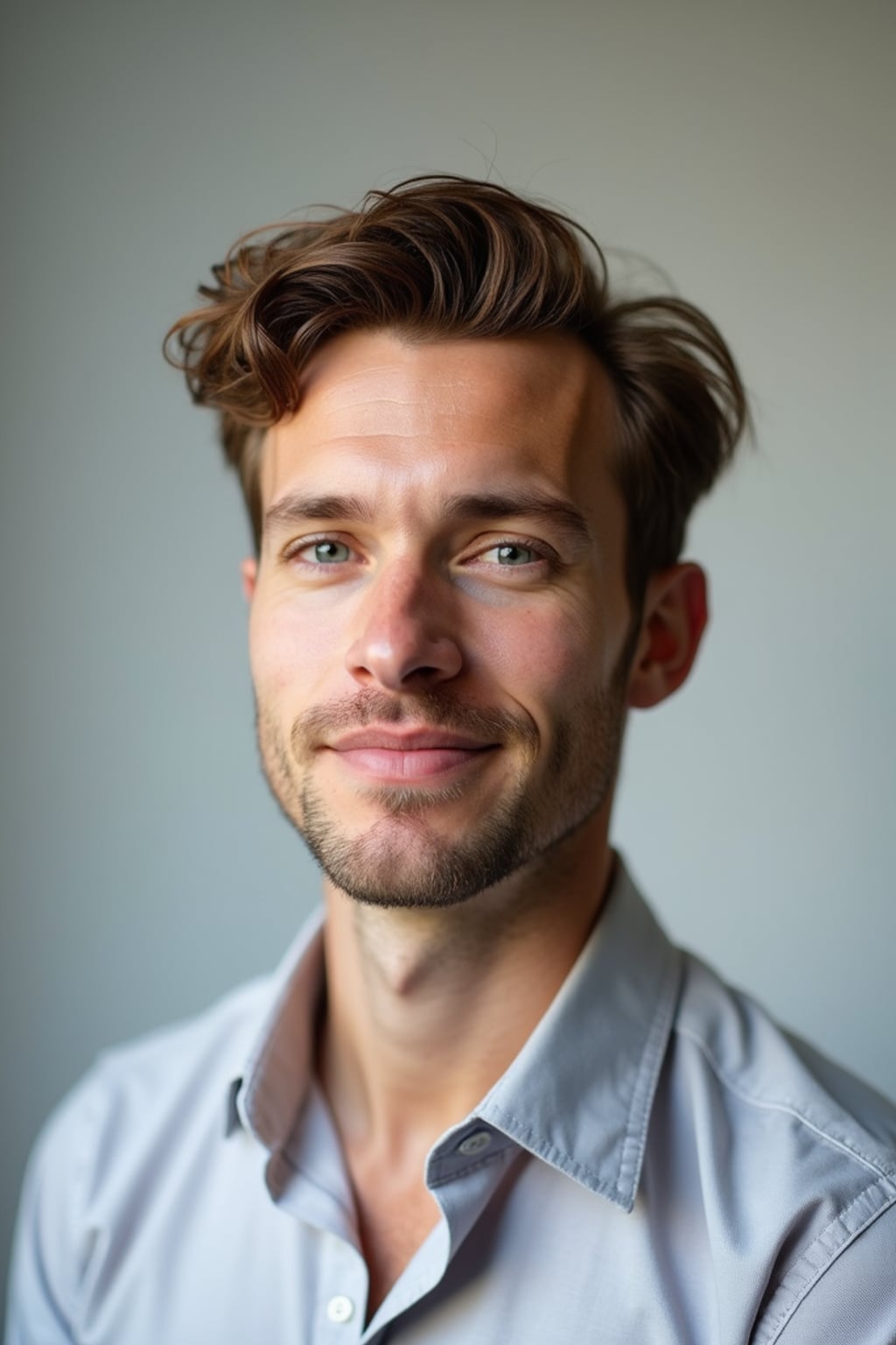 A professional author headshot of a thoughtful man, taken in a well-lit studio with a plain backdrop. The man is dressed in  a neat, light-colored shirt with a reflective expression. The lighting is soft and even, highlighting their facial features with a warm and intellectual expression. The focus is sharp, capturing the man's eyes and thoughtful smile, creating a perfect headshot for book covers and professional profiles.