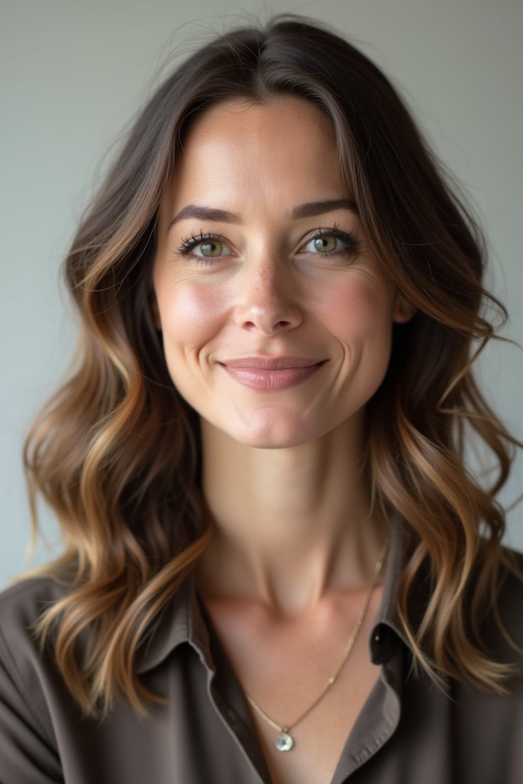 A professional author headshot of a thoughtful woman, taken in a well-lit studio with a plain backdrop. The woman is dressed in a stylish, professional blouse with natural makeup and a contemplative smile . The lighting is soft and even, highlighting their facial features with a warm and intellectual expression. The focus is sharp, capturing the woman's eyes and thoughtful smile, creating a perfect headshot for book covers and professional profiles.