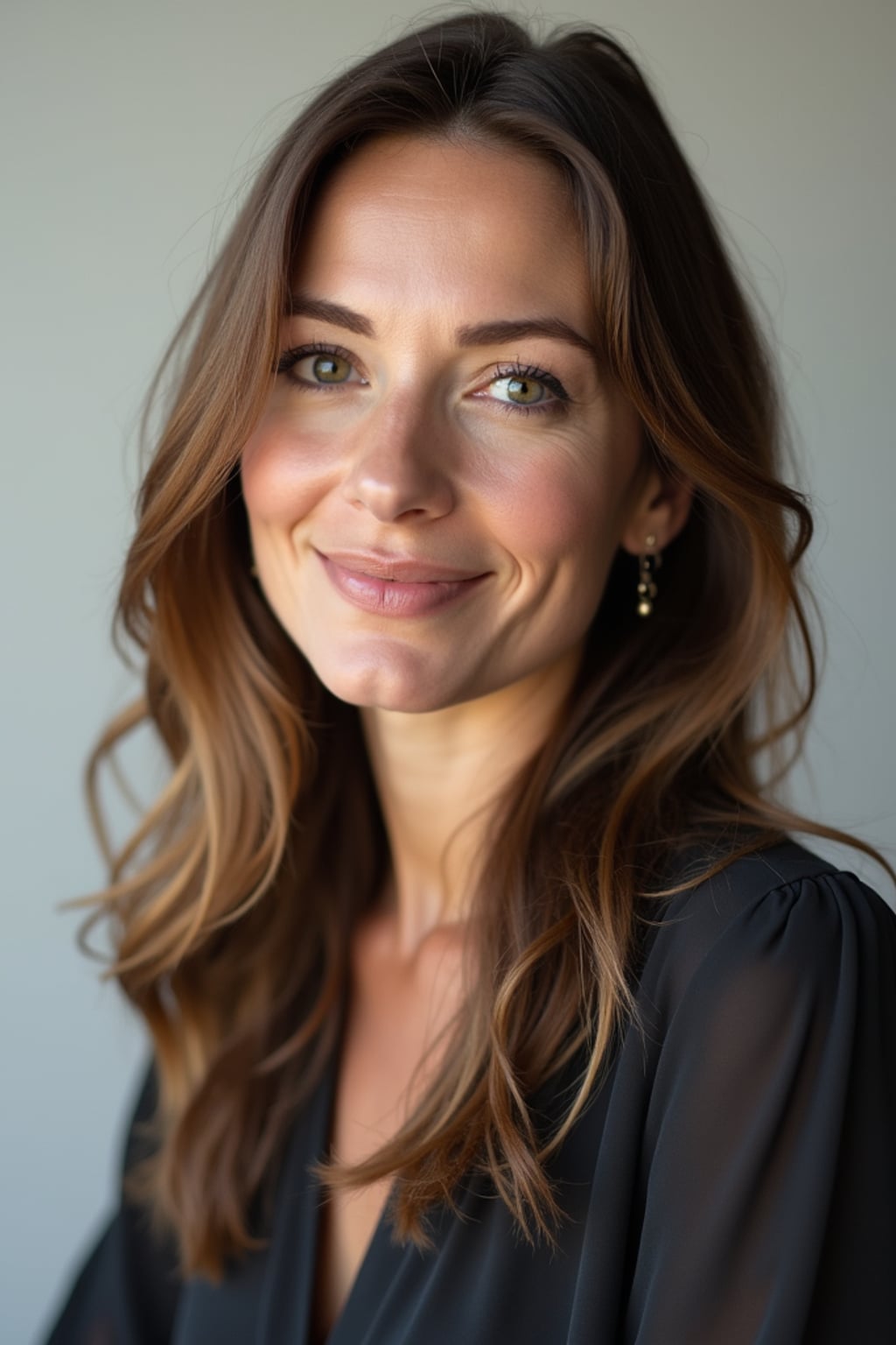 A professional author headshot of a thoughtful woman, taken in a well-lit studio with a plain backdrop. The woman is dressed in a stylish, professional blouse with natural makeup and a contemplative smile . The lighting is soft and even, highlighting their facial features with a warm and intellectual expression. The focus is sharp, capturing the woman's eyes and thoughtful smile, creating a perfect headshot for book covers and professional profiles.