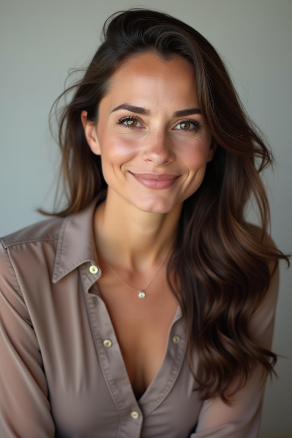 A professional author headshot of a thoughtful woman, taken in a well-lit studio with a plain backdrop. The woman is dressed in a stylish, professional blouse with natural makeup and a contemplative smile . The lighting is soft and even, highlighting their facial features with a warm and intellectual expression. The focus is sharp, capturing the woman's eyes and thoughtful smile, creating a perfect headshot for book covers and professional profiles.