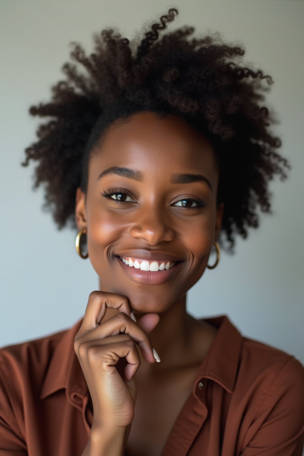 A professional author headshot of a thoughtful woman, taken in a well-lit studio with a plain backdrop. The woman is dressed in a stylish, professional blouse with natural makeup and a contemplative smile . The lighting is soft and even, highlighting their facial features with a warm and intellectual expression. The focus is sharp, capturing the woman's eyes and thoughtful smile, creating a perfect headshot for book covers and professional profiles.