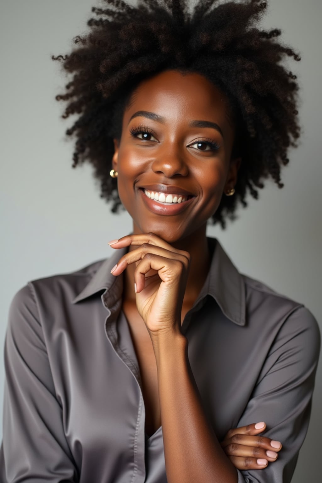 A professional author headshot of a thoughtful woman, taken in a well-lit studio with a plain backdrop. The woman is dressed in a stylish, professional blouse with natural makeup and a contemplative smile . The lighting is soft and even, highlighting their facial features with a warm and intellectual expression. The focus is sharp, capturing the woman's eyes and thoughtful smile, creating a perfect headshot for book covers and professional profiles.
