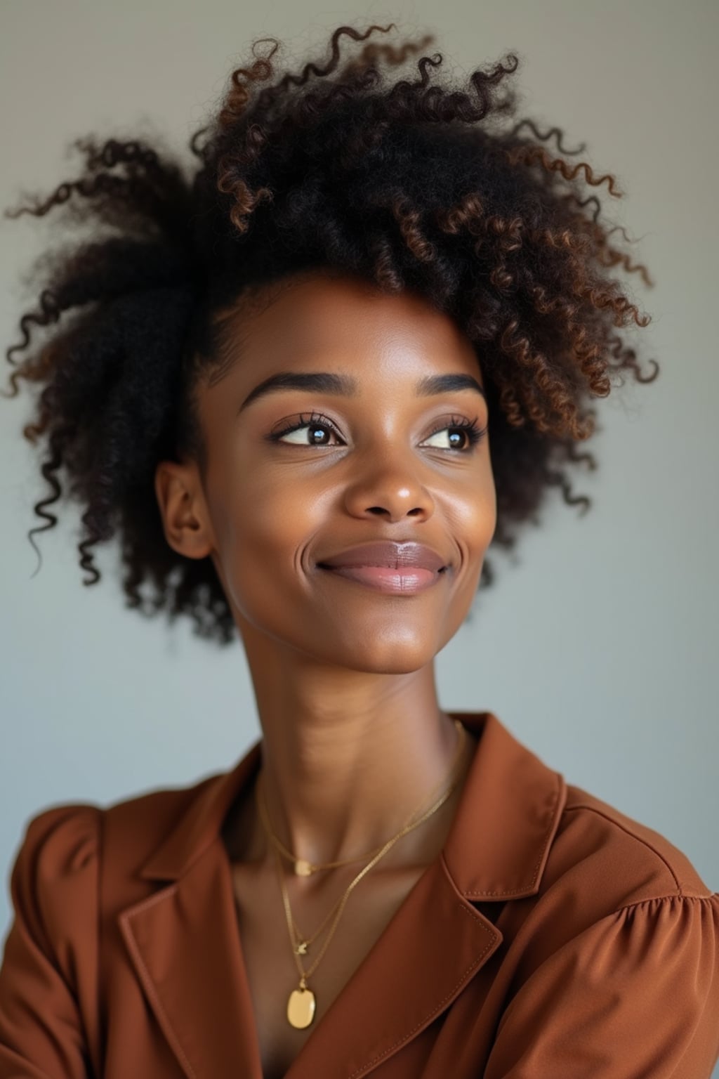 A professional author headshot of a thoughtful woman, taken in a well-lit studio with a plain backdrop. The woman is dressed in a stylish, professional blouse with natural makeup and a contemplative smile . The lighting is soft and even, highlighting their facial features with a warm and intellectual expression. The focus is sharp, capturing the woman's eyes and thoughtful smile, creating a perfect headshot for book covers and professional profiles.