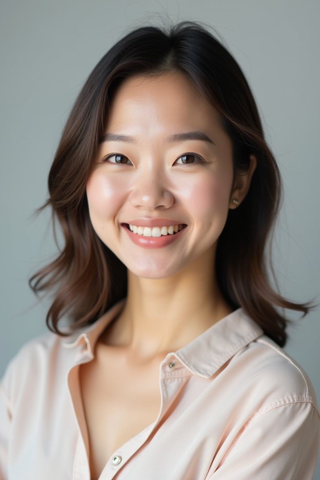 A professional life coach headshot of an inspiring woman, taken in a well-lit studio with a plain backdrop. The woman is dressed in a soft, professional blouse with natural makeup and a confident smile . The lighting is soft and even, highlighting their facial features with a warm and encouraging expression. The focus is sharp, capturing the woman's eyes and uplifting smile, creating a perfect headshot for coaching practices and professional profiles.